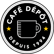 Café Dépôt logo featuring a coffee cup and stars, established in 1994.
