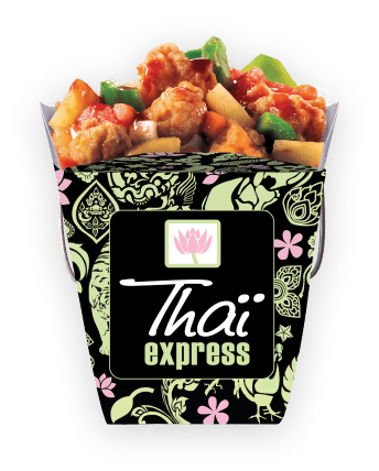 Colorful Thai Express container filled with delicious stir-fried vegetables and chicken.