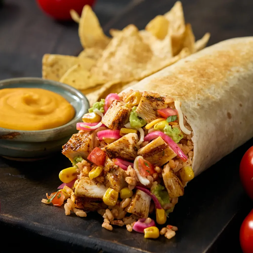 Signature burrito filled with fresh ingredients and house-made salsas, showcasing the bold flavours of Mucho Burrito restaurants.