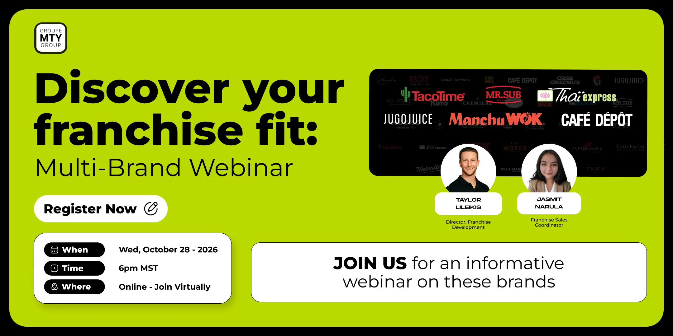 MTY Group Discover Your Franchise Fit multi-brand franchise webinar banner with TacoTime, Mr. Sub, Thaï Express, Jugo Juice, Café Dépôt and Manchu WOK logos.